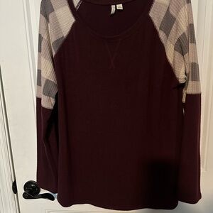 Cato Burgundy Top with Plaid Sleeves